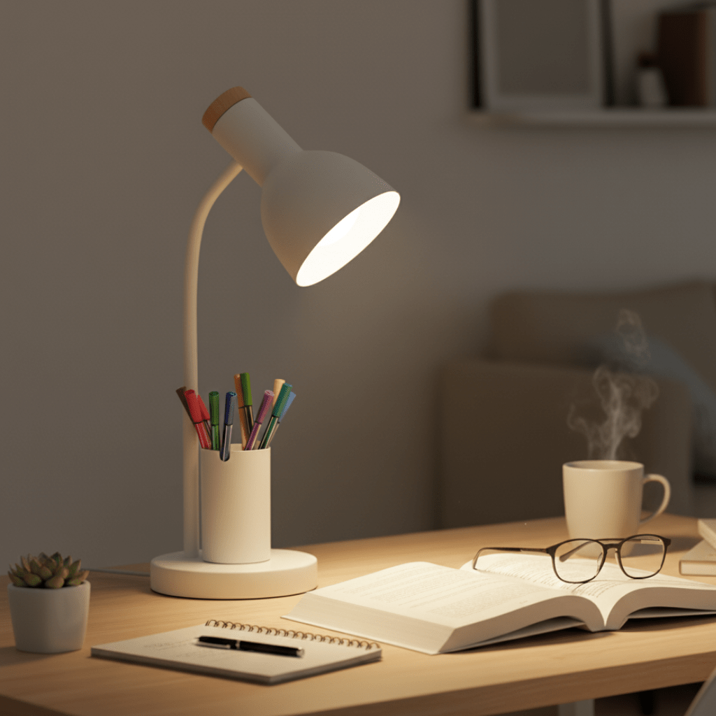 Iron LED Desk Lamp with Pen Holder and Three Color Temperatures, view 1