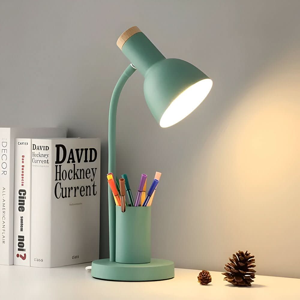 LED desk lamp with pen holder in white, yellow, green and pink