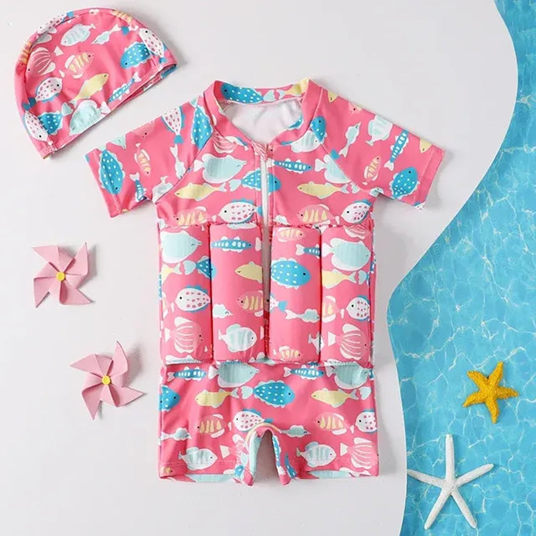 Kids' float swimsuits with shark and dinosaur prints and matching caps