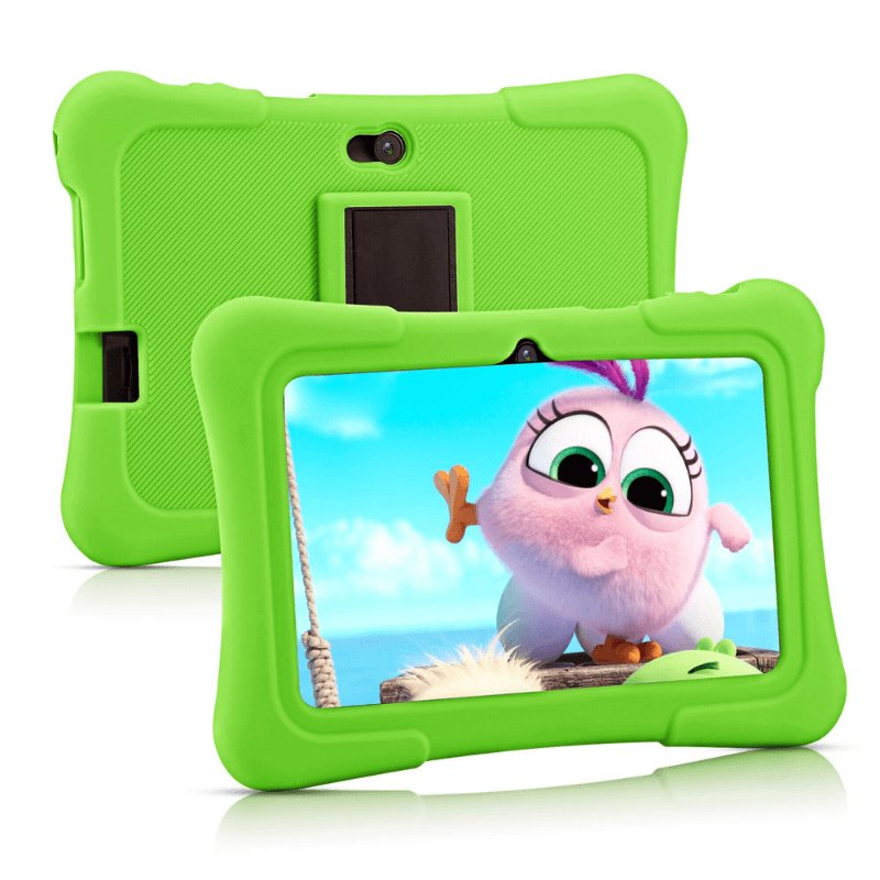 Kids tablet in blue, green and pink showing the front and rear cameras