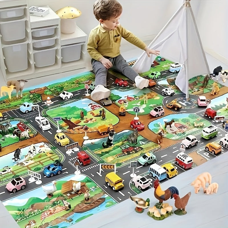 Child playing with toy cars on the road play rug