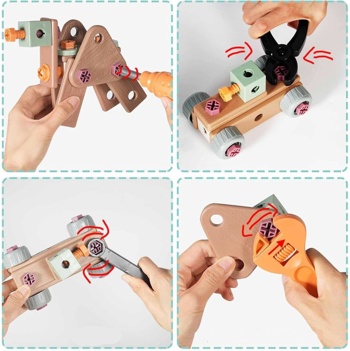 Kids pretend play tool set with toy drill, screws and building pieces laid out