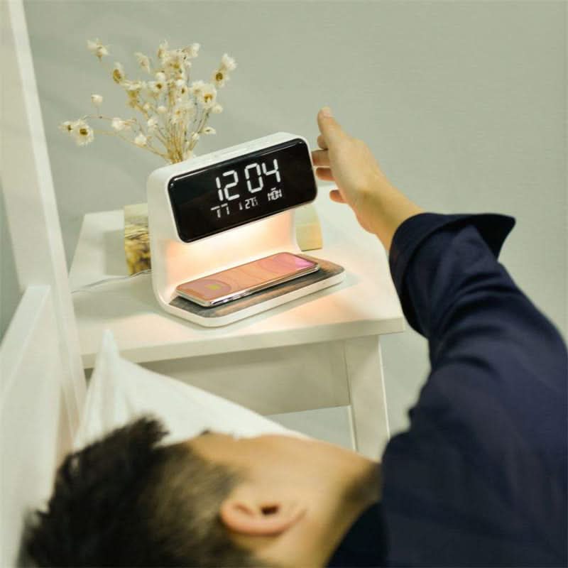 LCD Alarm Clock with Touch Dimmer Lamp and Wireless Charging Pad, view 5