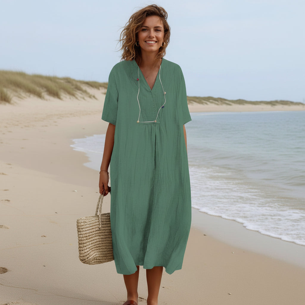 Lightweight A Line Summer Dress with V Neck and Pockets for Warm Days, view 3