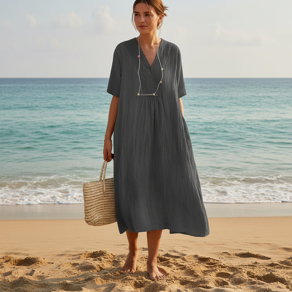 Lightweight A Line Summer Dress with V Neck and Pockets for Warm Days, view 4