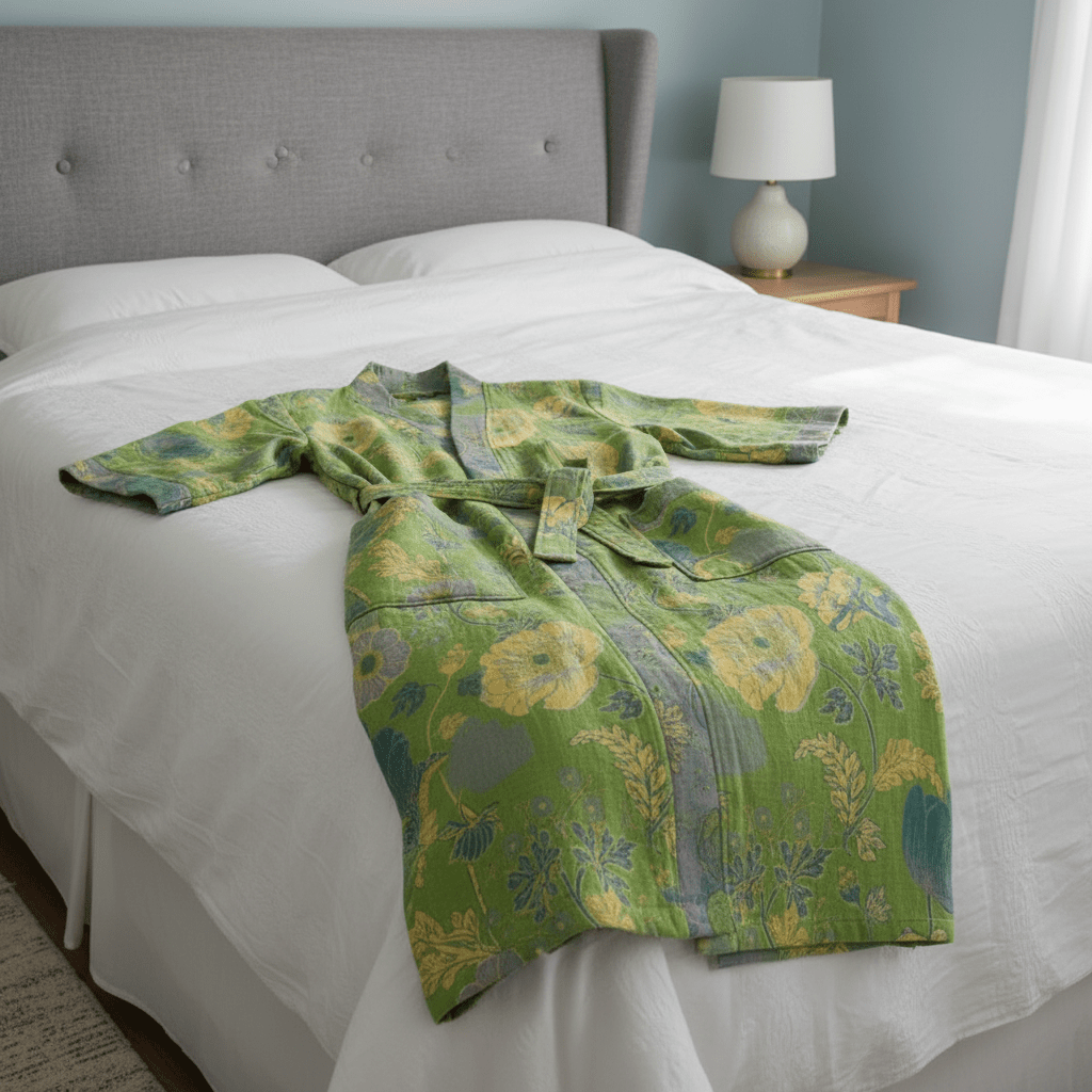 Woman wearing a patterned cotton gauze kimono bathrobe with waist tie