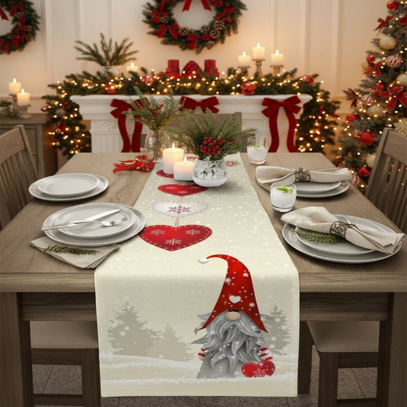 Linen Christmas Table Runner with Gnome Print in Three Lengths up to 78.7 in, view 1