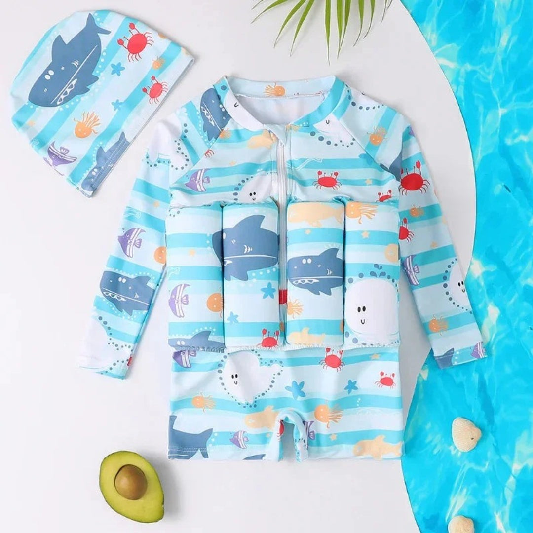 Child in a long sleeve UPF 50+ float swimsuit with matching swim cap