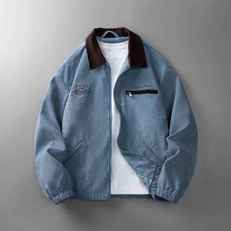 Men's Corduroy Jacket with Stand Collar, Chest Pocket and Elastic Hem, view 3