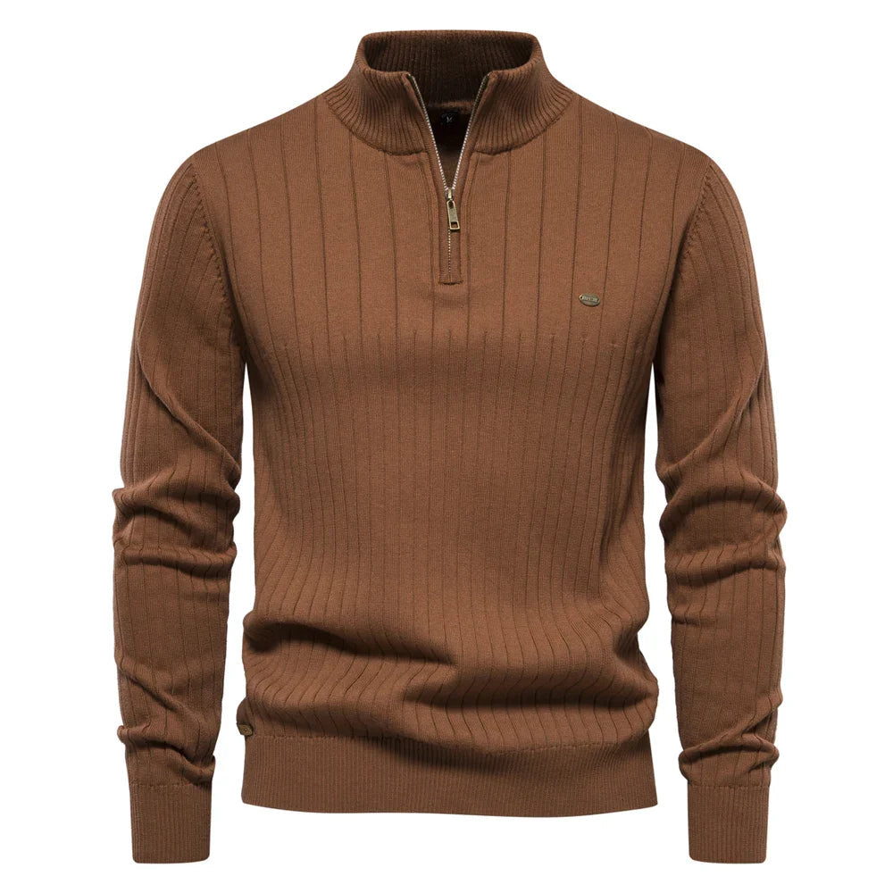 Men's Fall Zip Sweater with Stand Collar in Cotton Blend, view 5