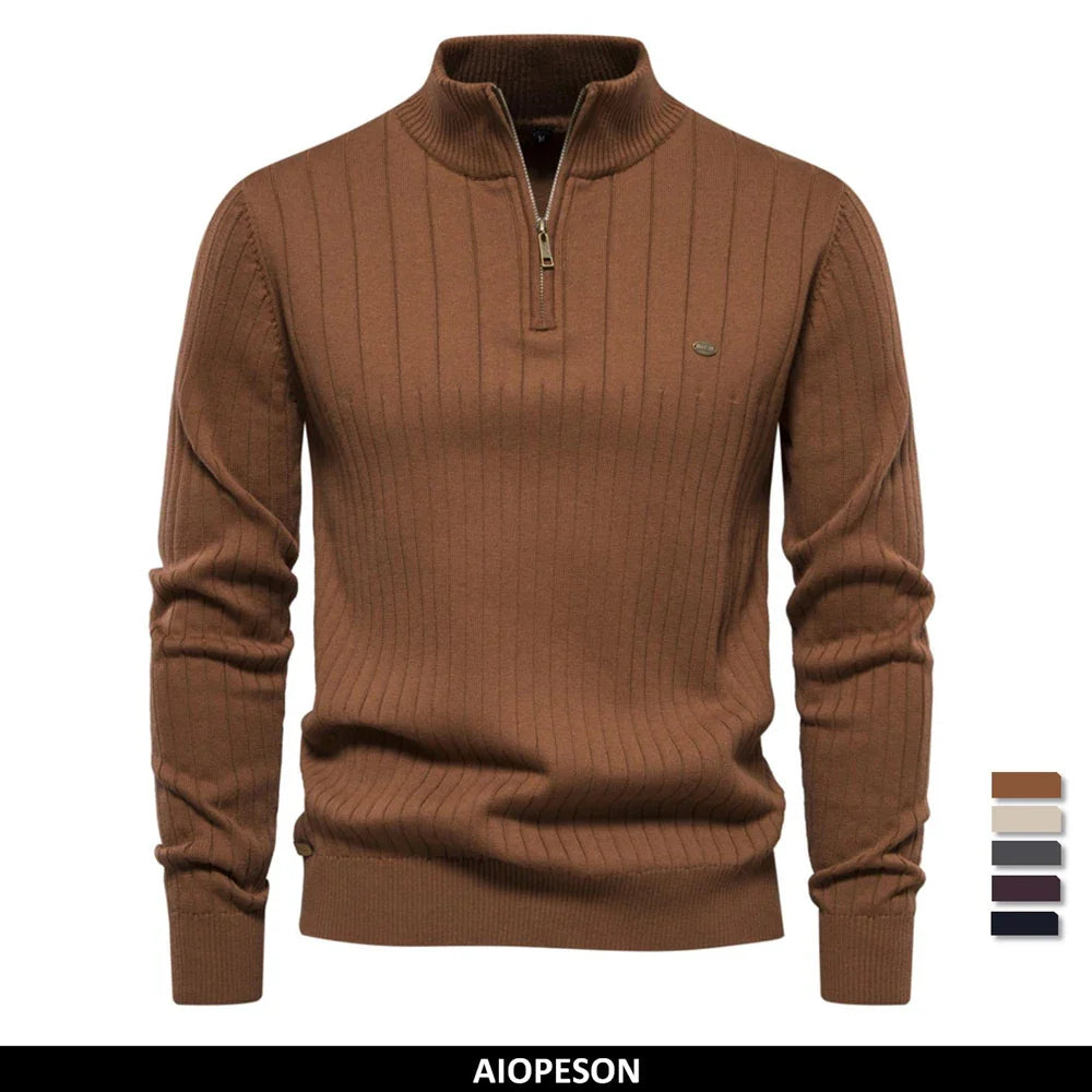 Men's Fall Zip Sweater with Stand Collar in Cotton Blend, view 6