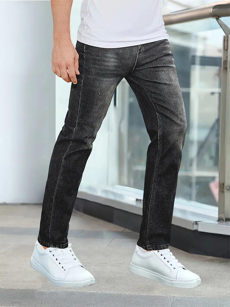 Men's Jeans with Light Distressed Wash and Practical Pockets, view 3