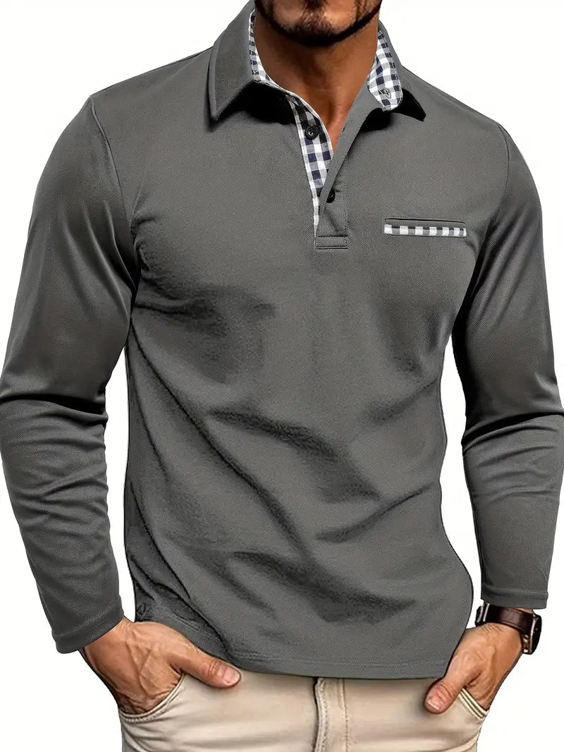 Man wearing a lightweight long sleeve polo shirt on a sunny day