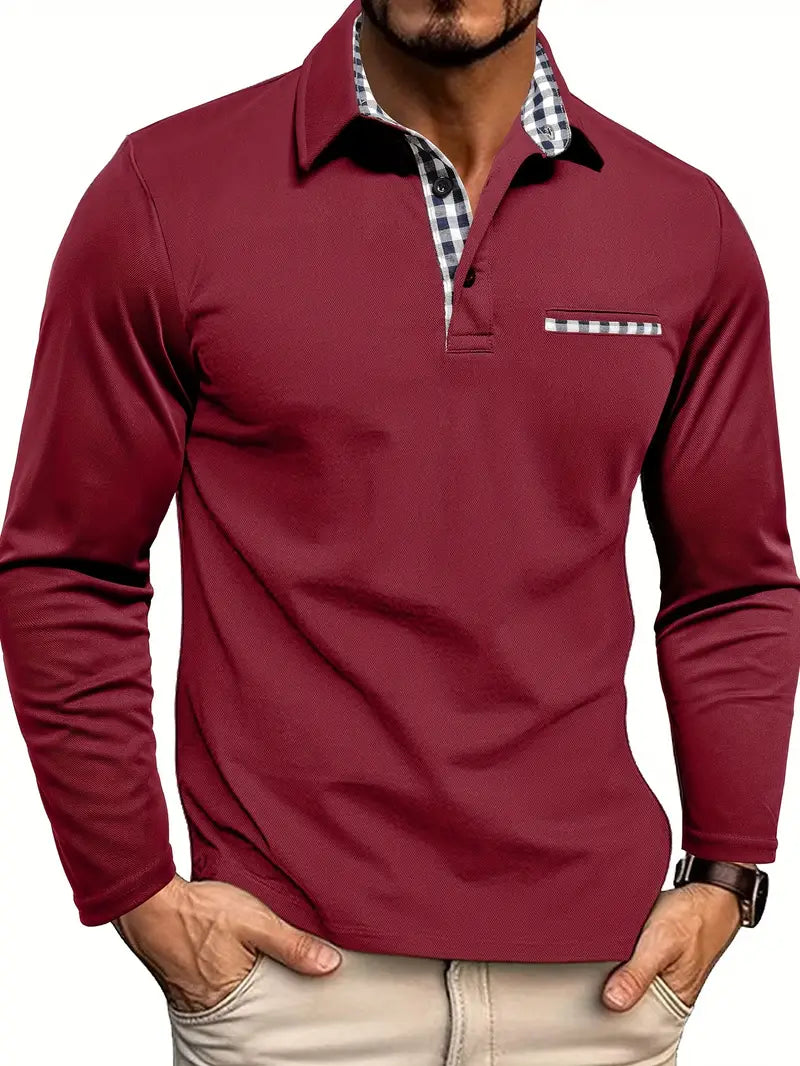 Collar and button placket of a men's long sleeve polo