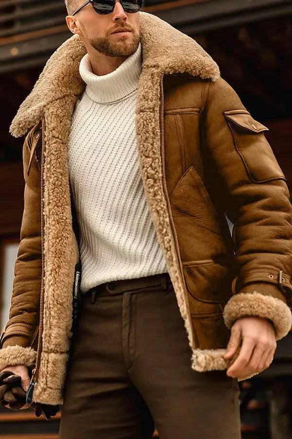 Man wearing a leather jacket with faux fur lined collar