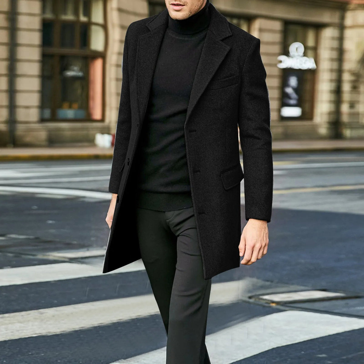 Men's Long Overcoat with Notch Lapel and Flap Pockets for Winter and Office, view 4