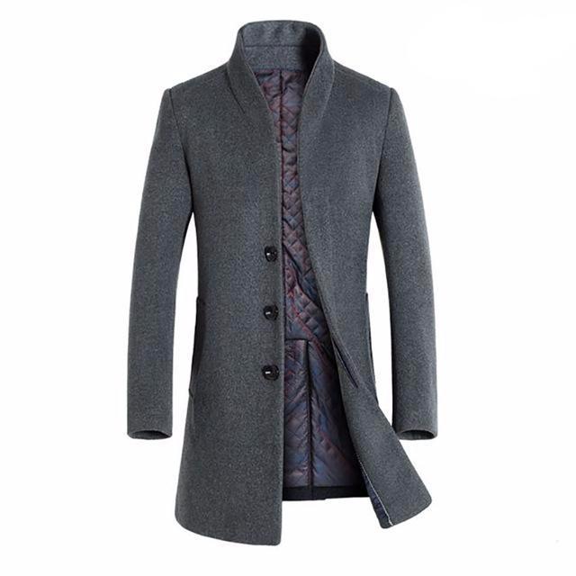 Man wearing a long tailored wool coat with a turn down collar