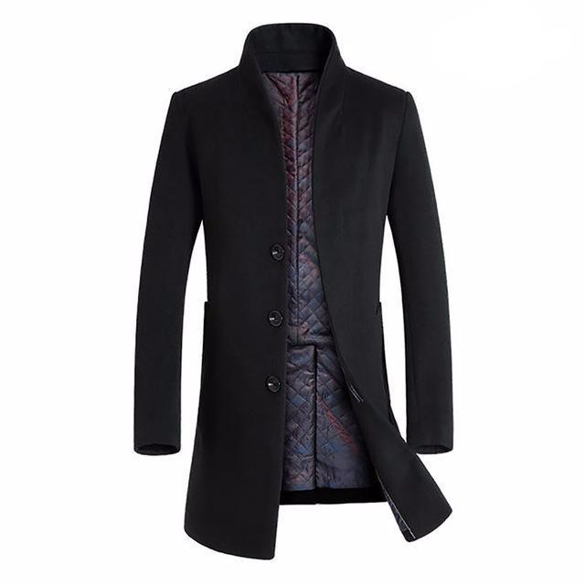 Men's Long Wool Coat with Turn Down Collar and Zipper for Winter Evenings, view 3