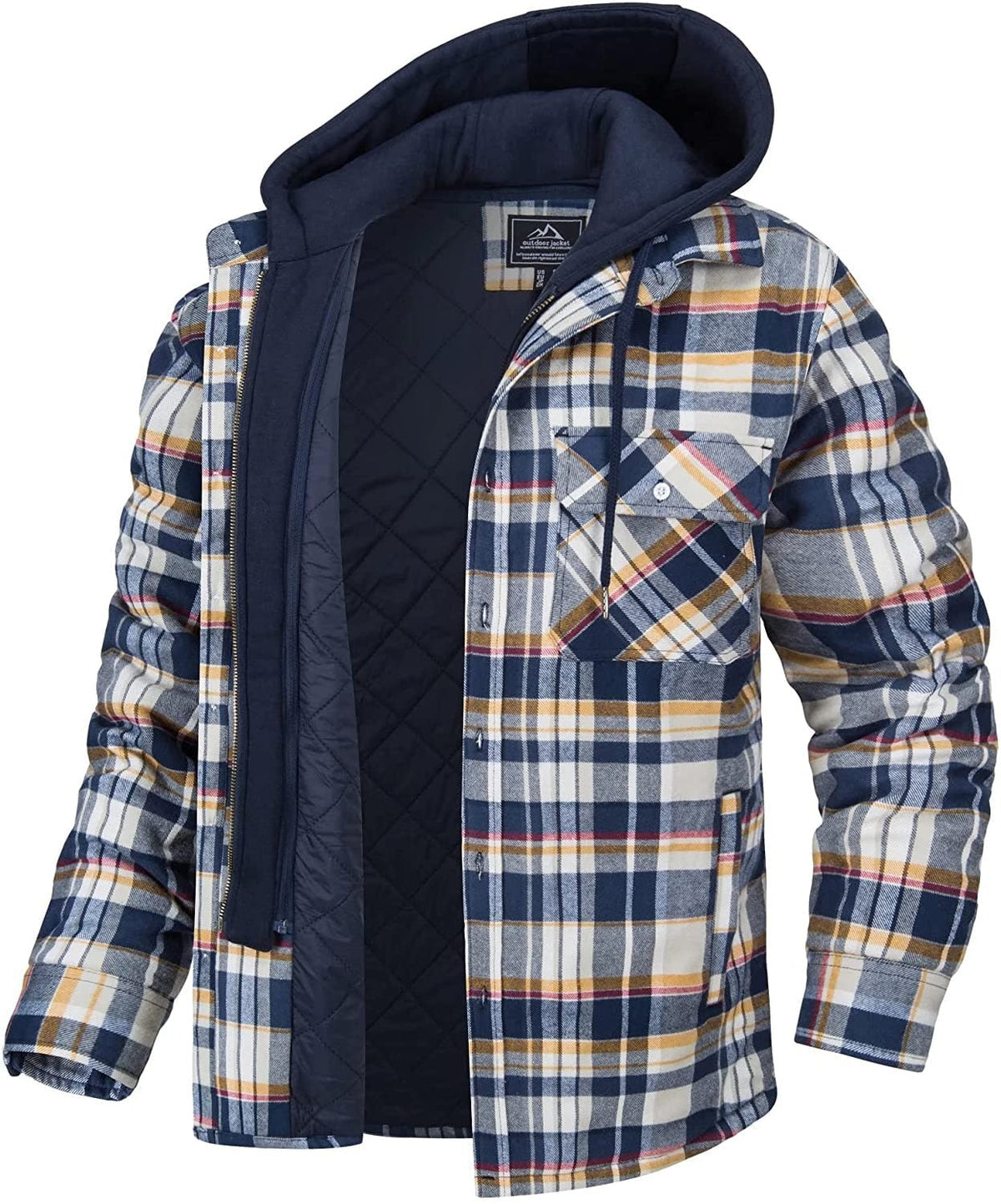 Man wearing a lined plaid jacket with attached hood