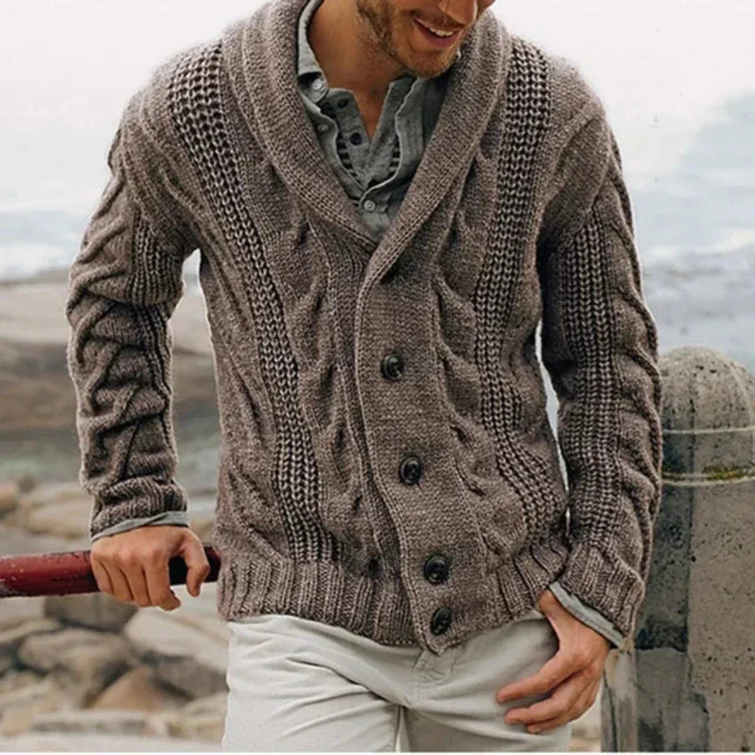 Close-up of the shawl collar and cable knit pattern on a cardigan