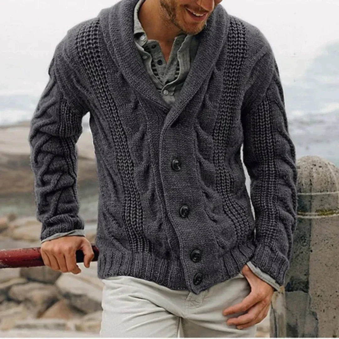 Men's Shawl Collar Cardigan with Cable Knit for Cozy Evenings, view 3