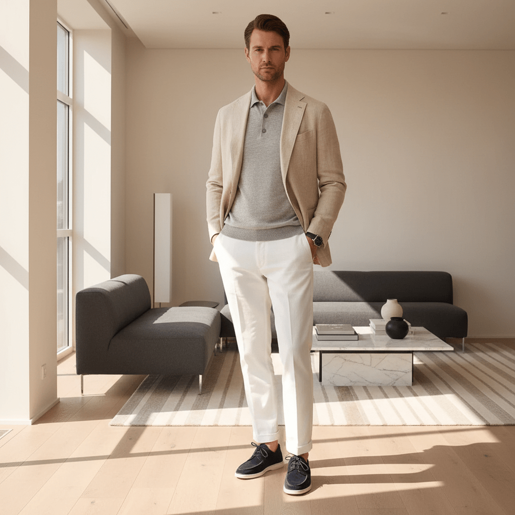 Man wearing beige suede lace-up shoes with chinos