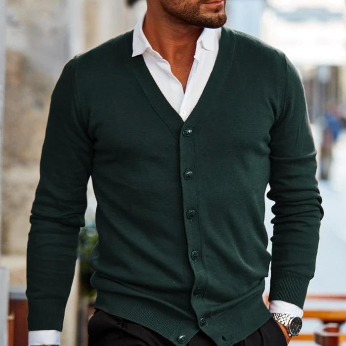 Men's V Neck Cardigan with Button Front in Five Dark Colors, view 3