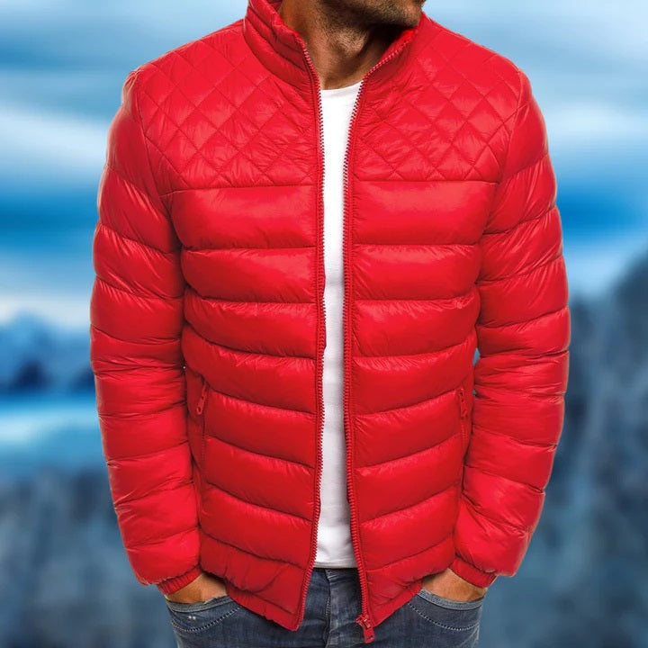 Close-up of the quilted stitching and zipper on the jacket