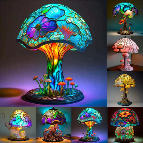 Glowing glass and resin mosaic lamp casting colorful patterns on the wall