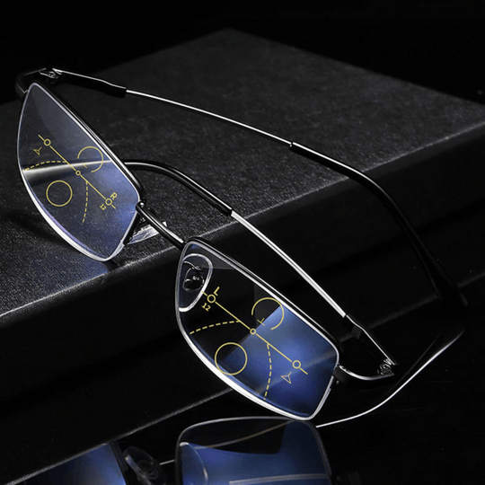 Multifocal reading glasses with a slim semi rimless metal frame