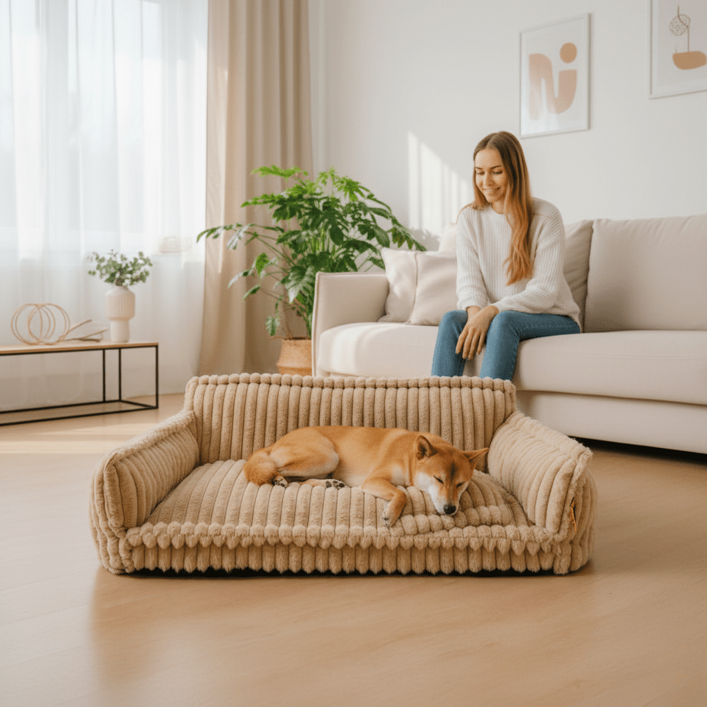 Dog resting its head on the raised rim of a memory foam dog sofa