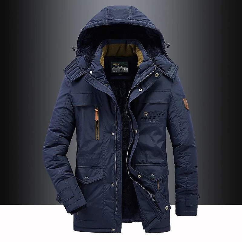 Padded winter parka with fur-trimmed hood worn outdoors in winter