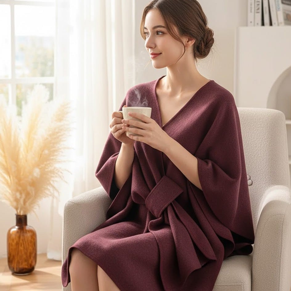 Poncho worn open as a wrap over a sweater