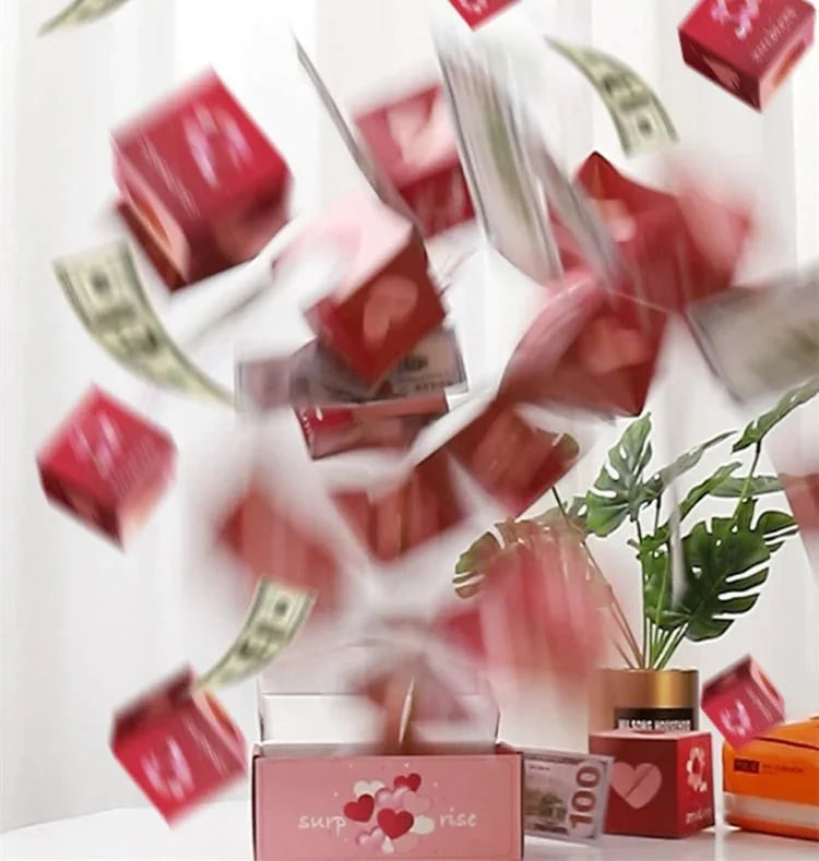 Closed cardboard pop up gift box with a Happy Birthday design