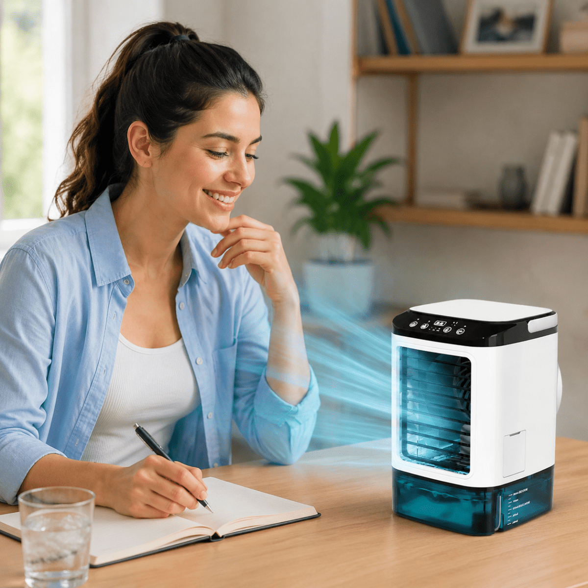 Portable fan with the LED night light glowing in a dark bedroom