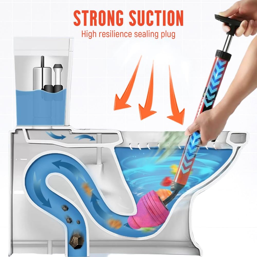 Pressure drain plunger with attachments for toilet, sink and shower
