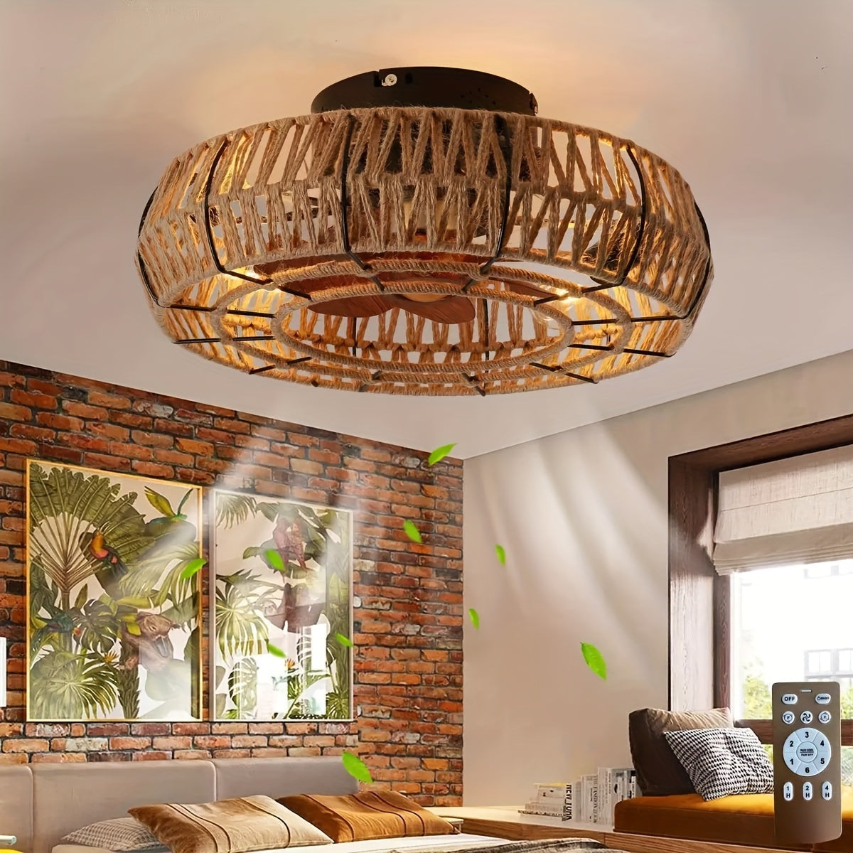 Woven rattan ceiling fan light with the blades hidden inside the basket