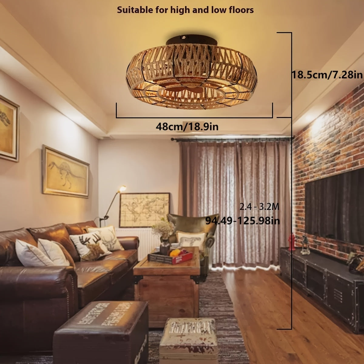 Rattan Ceiling Fan with Light and Hidden Blades, 19 Inch, view 4