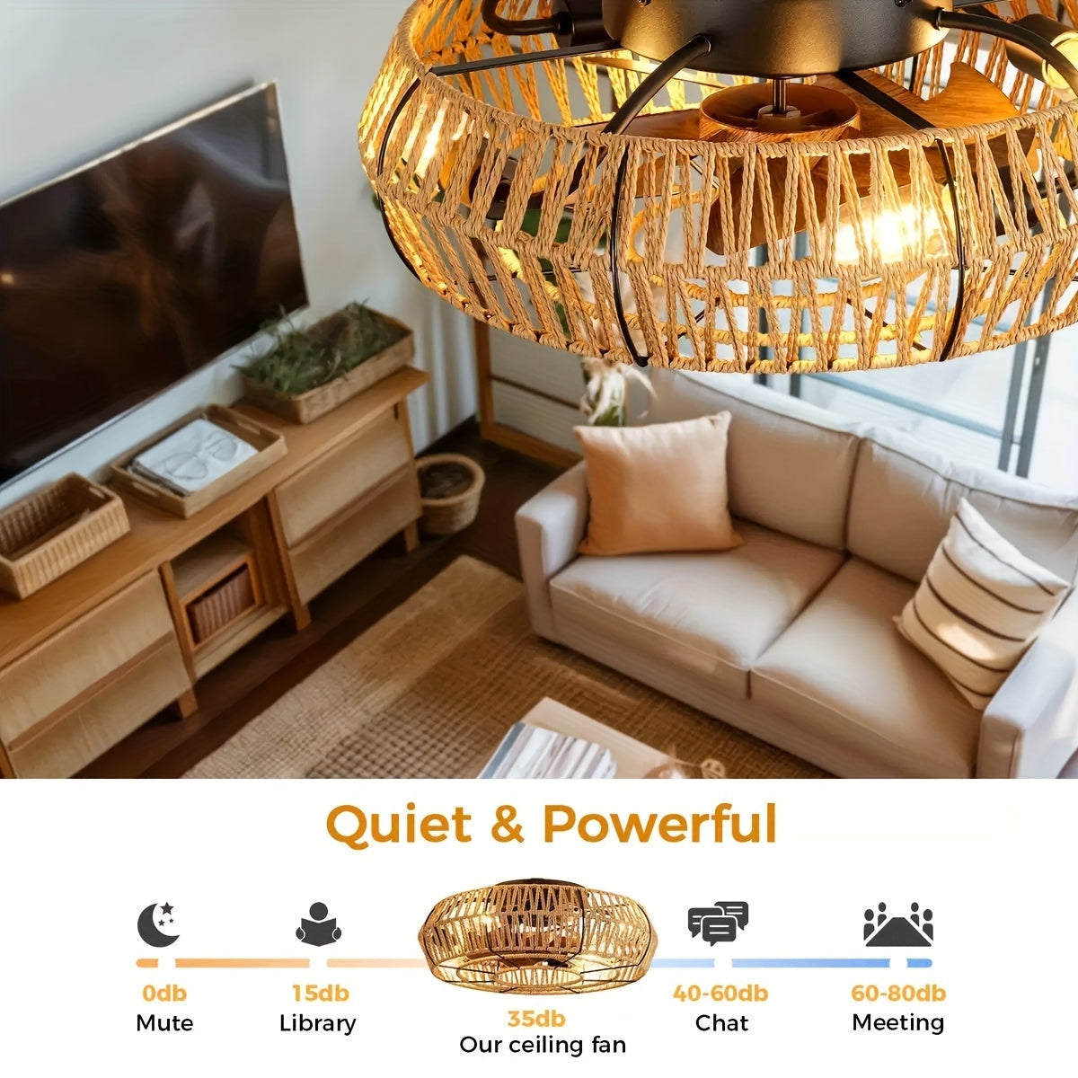 Rattan Ceiling Fan with Light and Hidden Blades, 19 Inch, view 9
