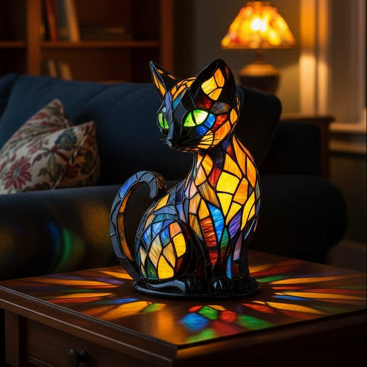 Rechargeable LED Cat Night Light with a Stained Glass Look, view 1