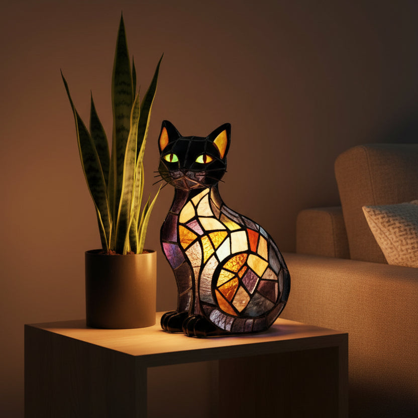 Rechargeable LED Cat Night Light with a Stained Glass Look, view 2