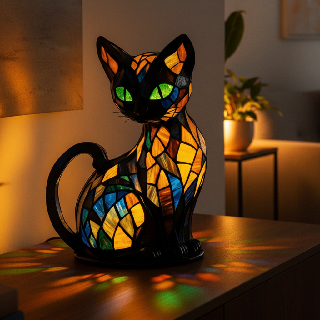 Cat shaped LED night light with a colorful stained glass look glowing at night