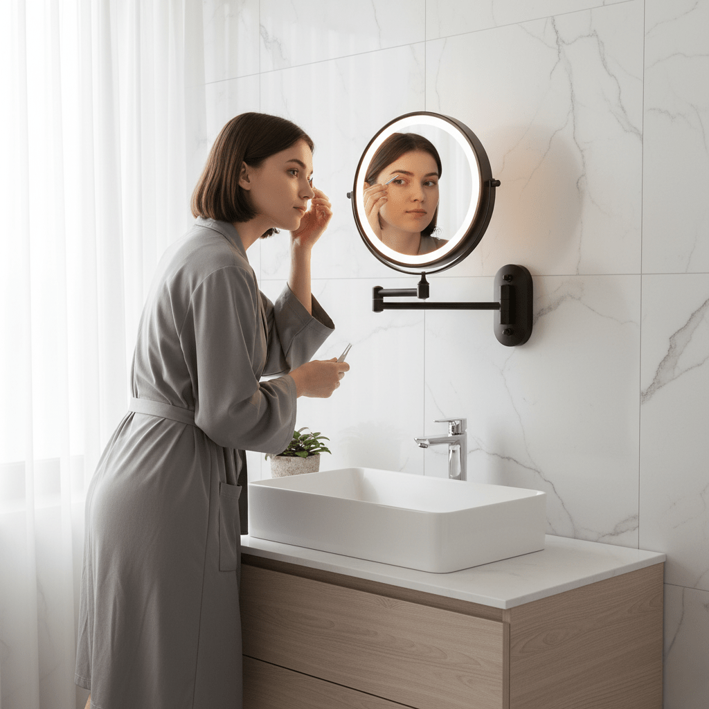 Round LED makeup mirror with lit ring on a vanity