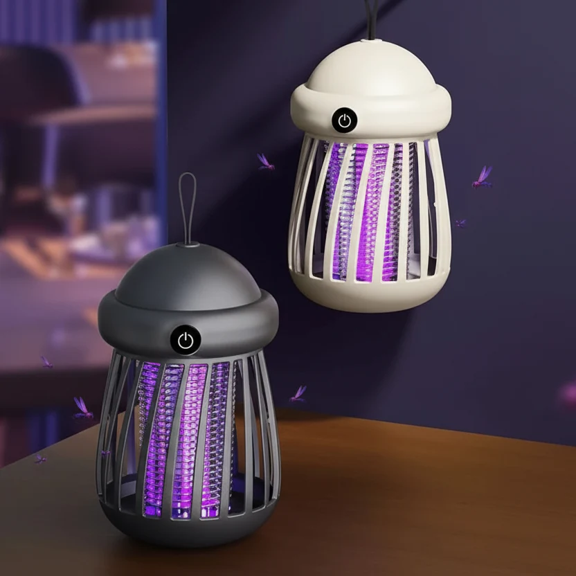 UV bug zapper glowing purple on a patio table in the evening