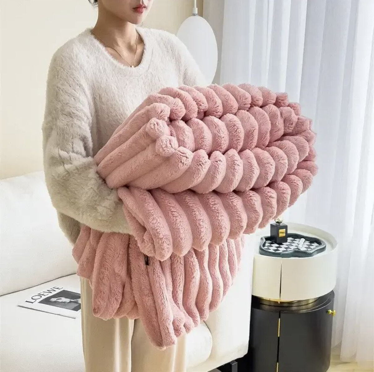 Ribbed Faux Fur Throw Blanket for Sofa and Bed, Three Sizes, view 5