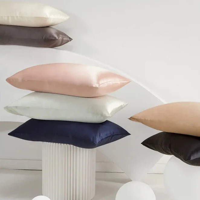 Smooth satin pillowcase on a pillow in soft morning light