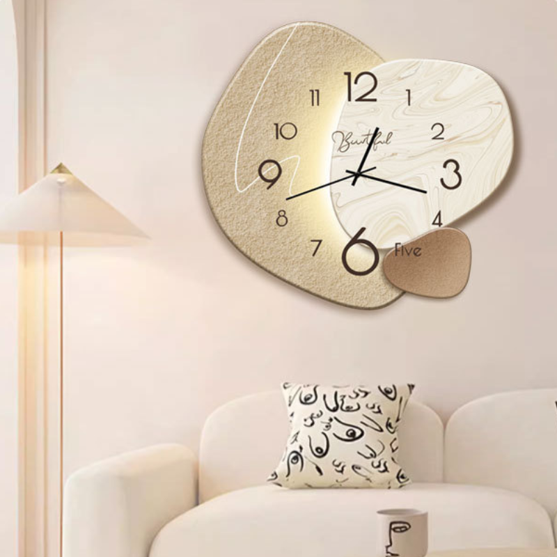 Scandinavian style wall clock hanging in a living room