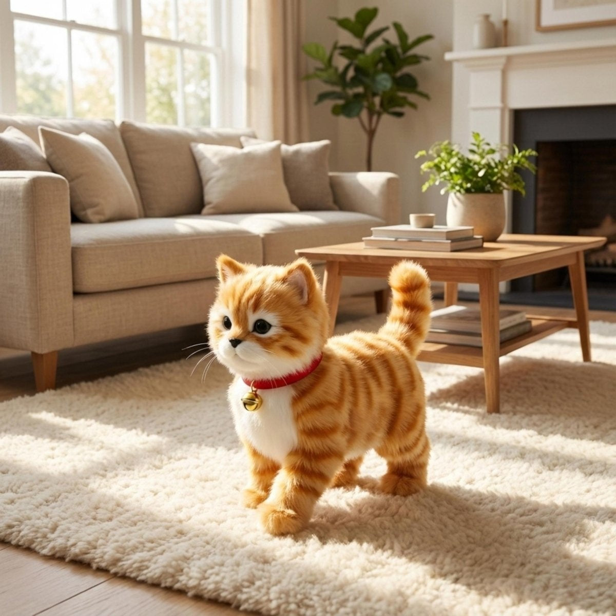 Small plush kitten toy sitting with its tail up