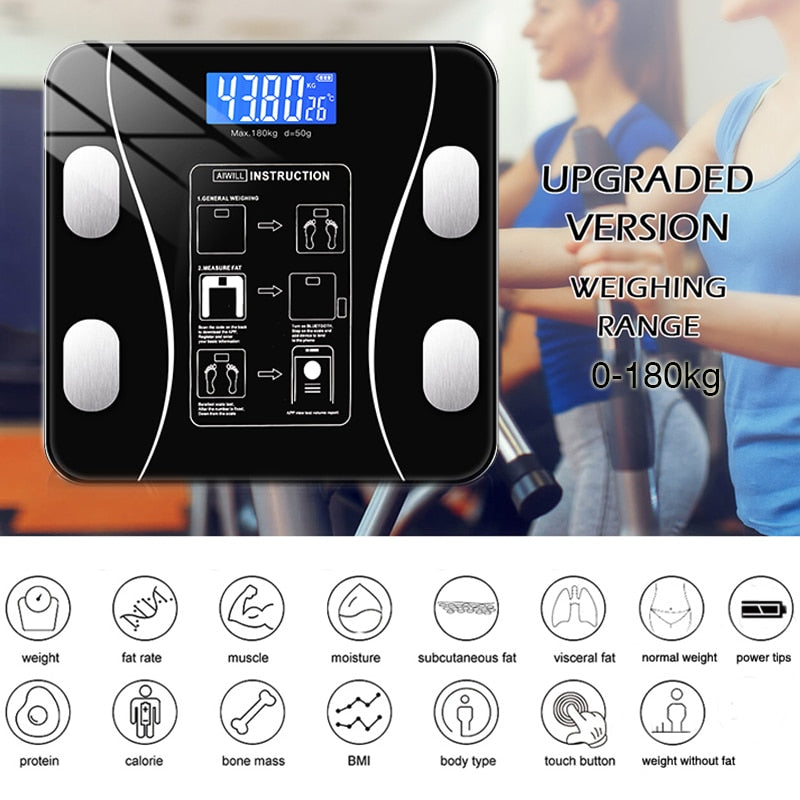 Smart body composition scale next to a phone showing the app