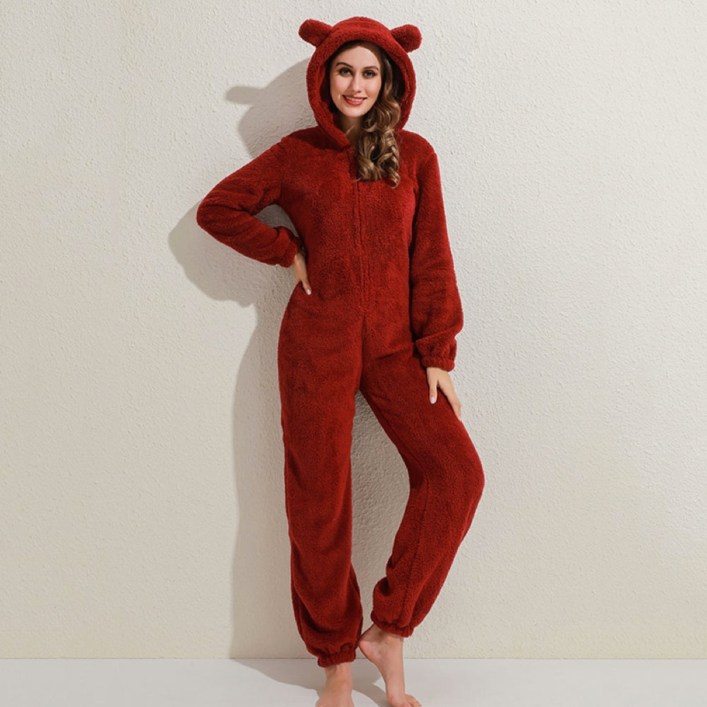 Soft Fleece Onesie with Bear Ears and Zipper for Lounging at Home, view 3